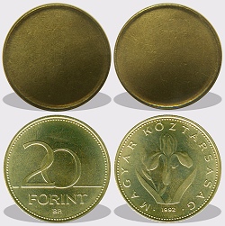 20 forint peremezett nyers lapka 1992 utáni időszakból.