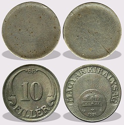 10 fillér peremezett nyers lapka 1926 és az 1940 közötti időszakból.