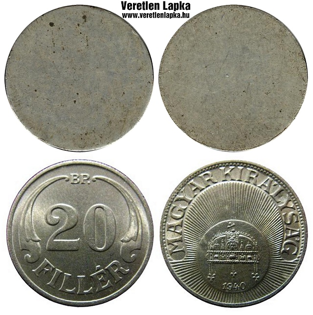 20 fillér peremezés nélküli nyers lapka 1926 és az 1940 közötti időszakból.