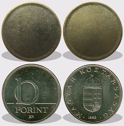 10 forint peremezett nyers lapka 1992 utni idszakbl.