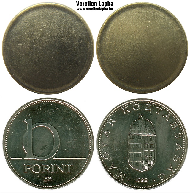 10 forint peremezett nyers lapka 1992 utni idszakbl.