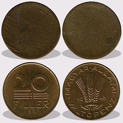 20 fillér peremezett nyers lapka 1946 és 1950 közötti időszakból.