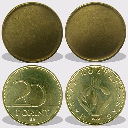 20 forint peremezett nyers lapka 1992 utni idszakbl.