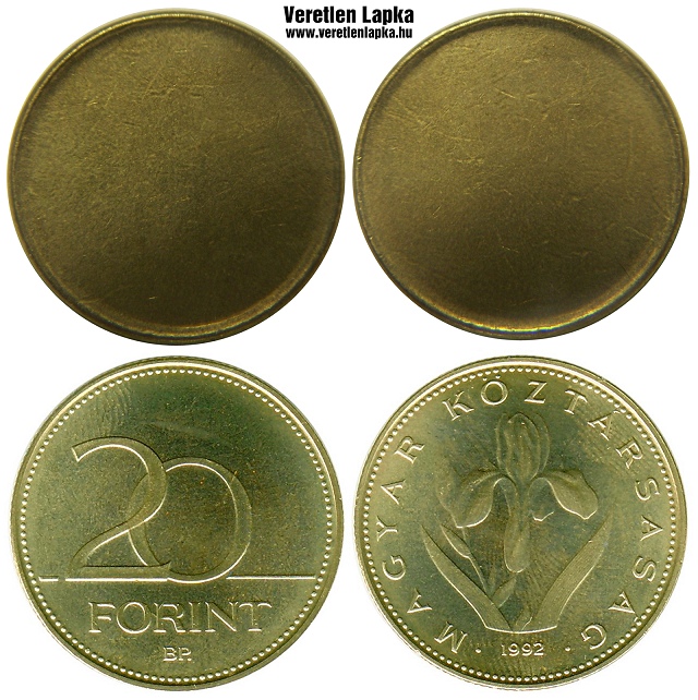 20 forint peremezett nyers lapka 1992 utni idszakbl.