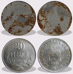 20 filléres peremezés nélküli nyers lapka 1916 és az 1921 közötti időszakból.