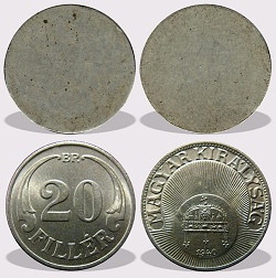 20 fillér peremezés nélküli nyers lapka 1926 és az 1940 közötti időszakból.