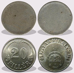 20 fillér peremezett nyers lapka 1926 és az 1940 közötti időszakból.