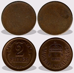 2 fillér peremezett nyers lapka 1926 és az 1940 közötti időszakból.