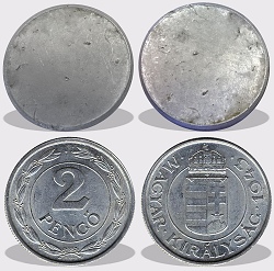 2 pengő peremezés nélküli nyers lapka 1941 és az 1943 közötti időszakból.