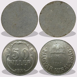 50 fillér peremezés nélküli nyers lapka 1926 és az 1940 közötti időszakból.
